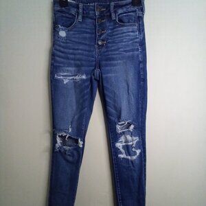 American Eagle Jeans Women 6 Short Button Fly Distressed Torn Skinny Blue